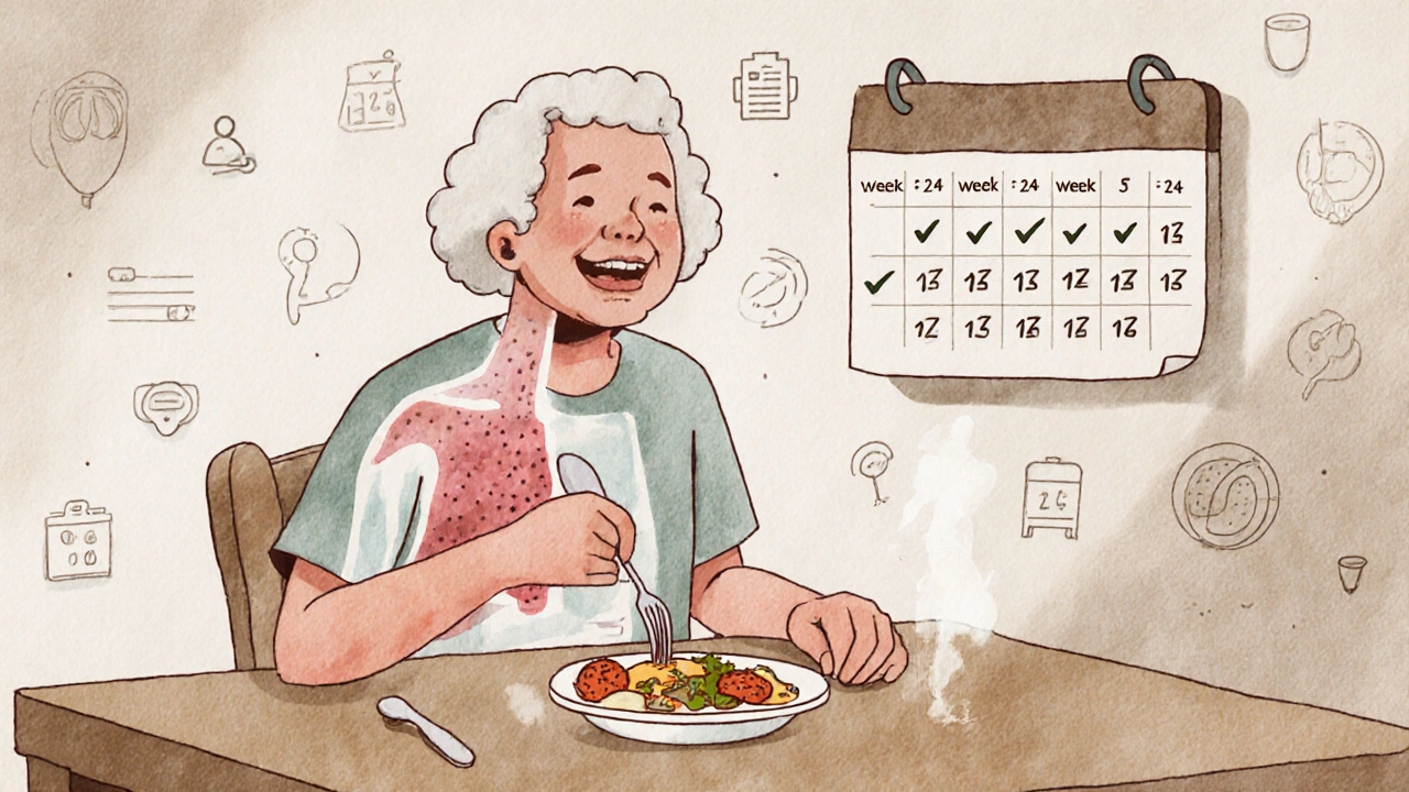 A patient eating comfortably with visual signs of reduced GVHD symptoms in mouth and skin.