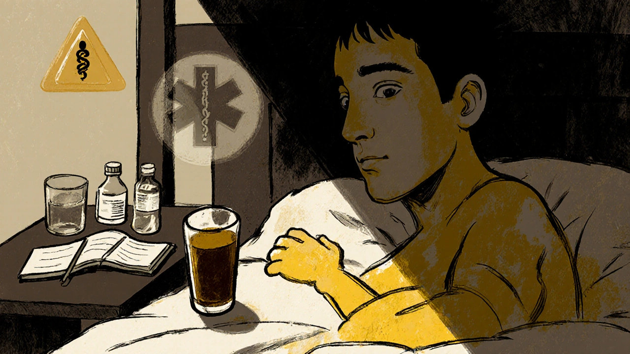 A person noticing dark urine and jaundice, with medical alert symbols looming, conveying urgent side effects of primaquine.