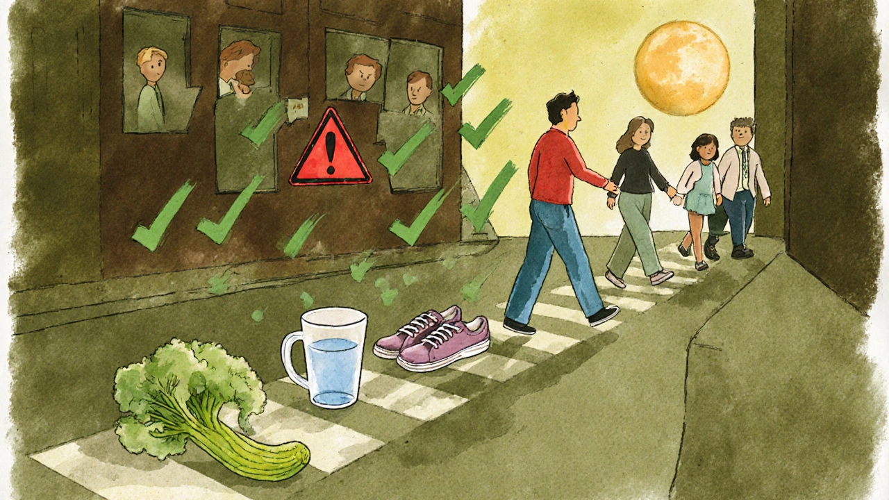 A person walking forward as unhealthy signs turn into healthy habits, guided by a care team, with fading medical offices behind them.