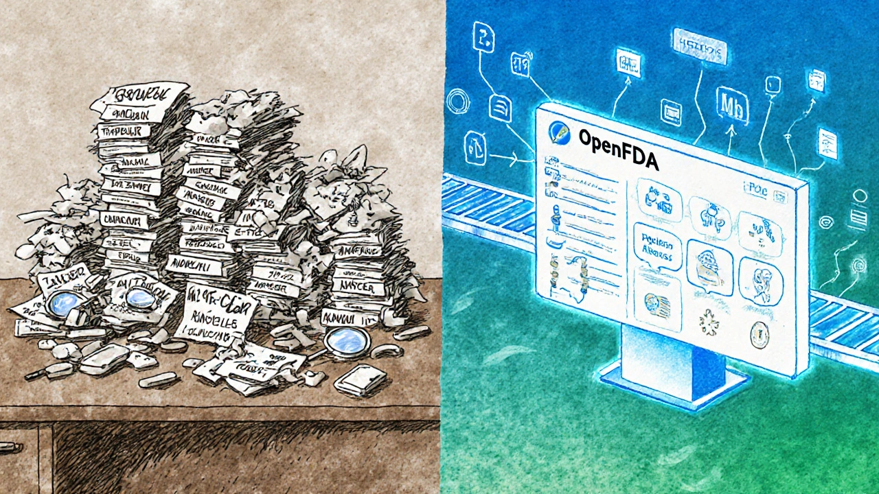 Contrasting messy XML files with a clean OpenFDA digital dashboard connected by a glowing bridge.