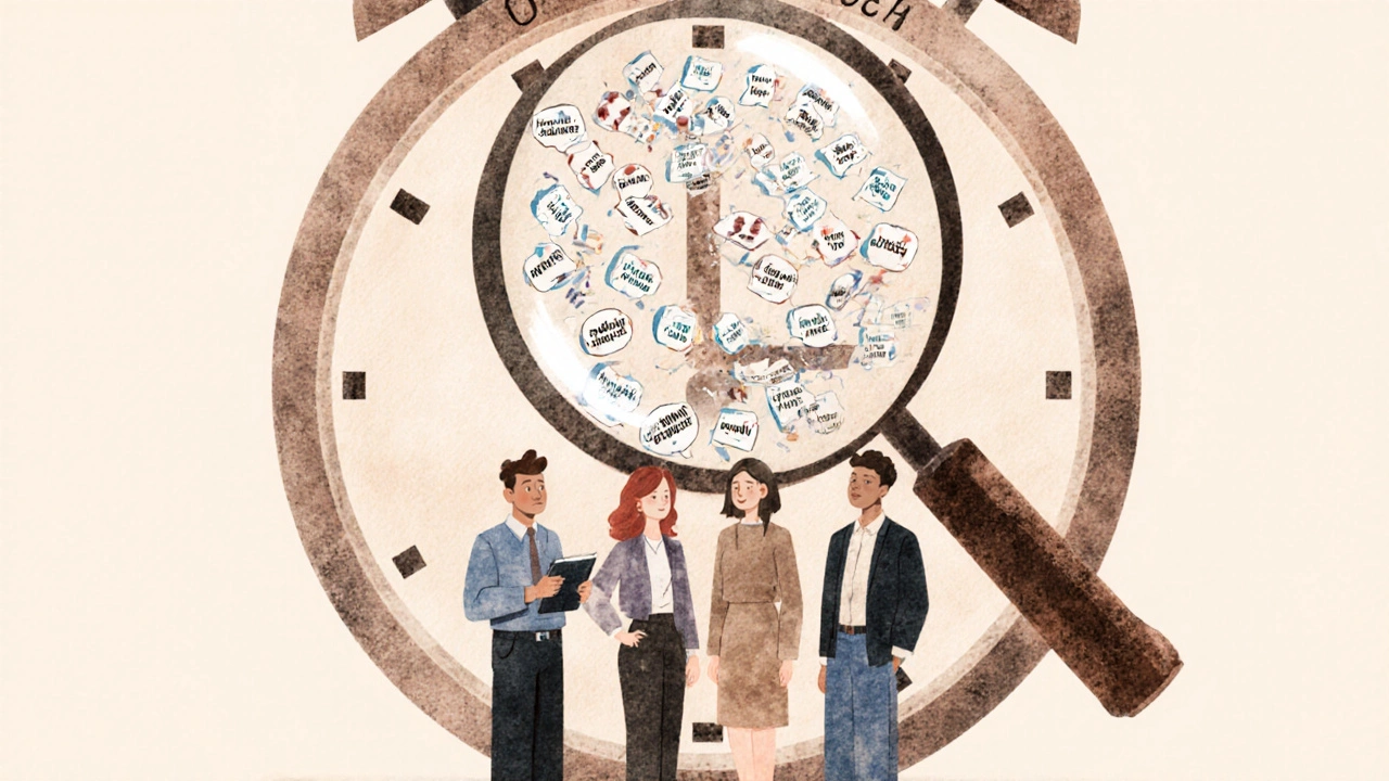 Diverse group viewing patient reports through a magnifying glass, with a 90-day delay clock in background.