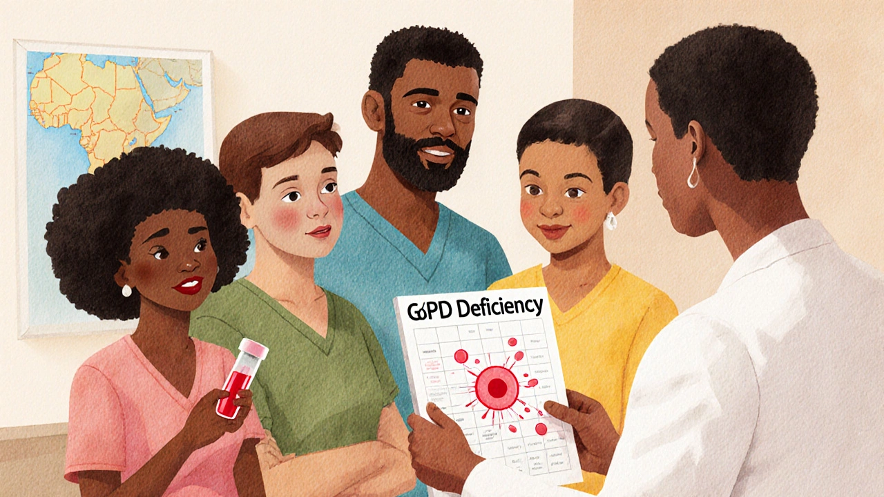 Diverse individuals in a clinic with a blood test showing shattered red blood cells and a doctor reviewing G6PD results.