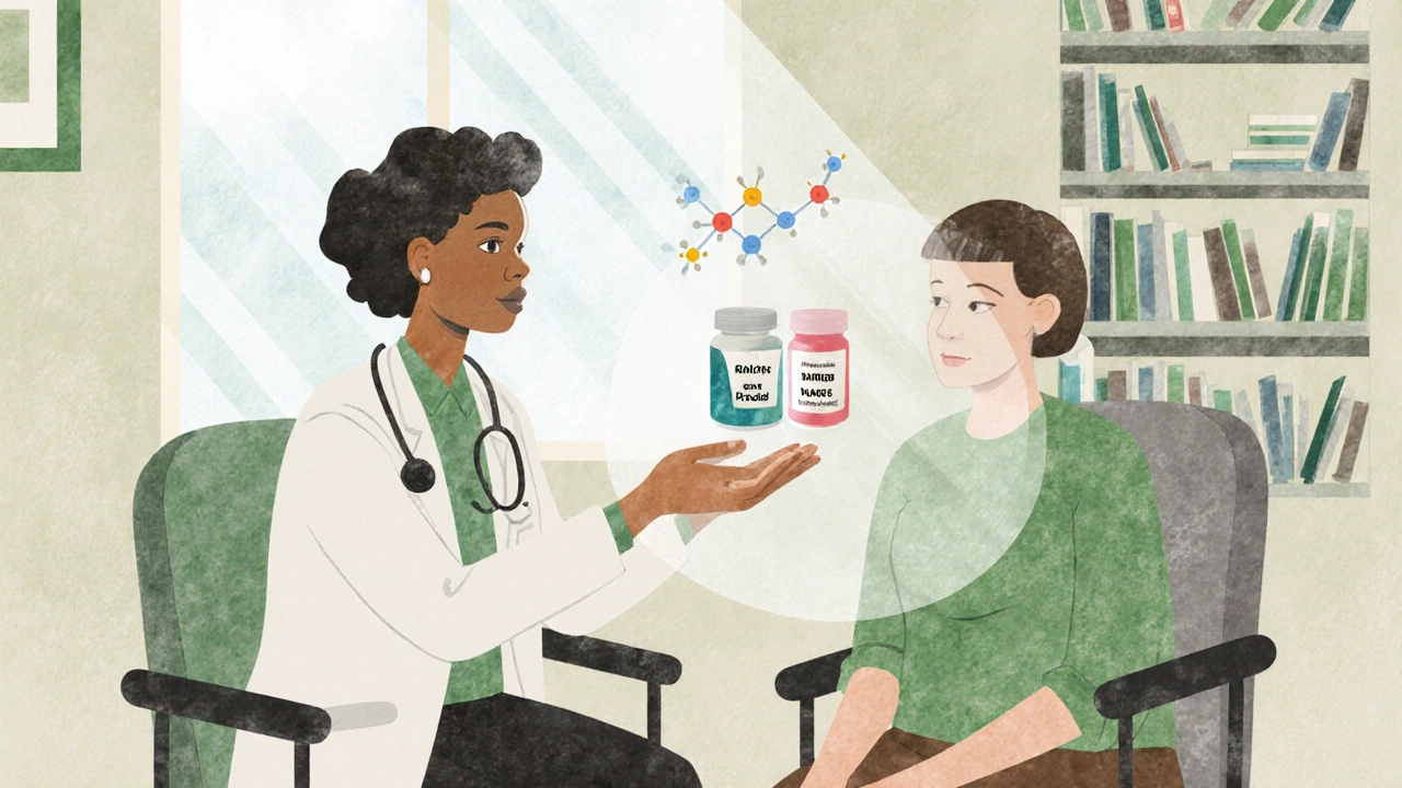 Doctor and patient comparing brand and generic pills with molecular structure overlay