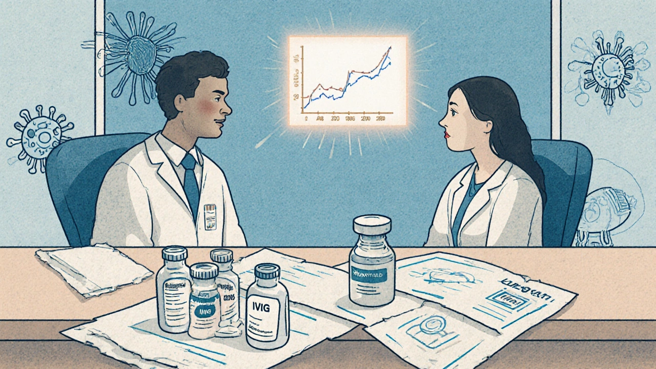 Doctor and patient reviewing a medical chart with medication bottles and a rising B-cell count graph.