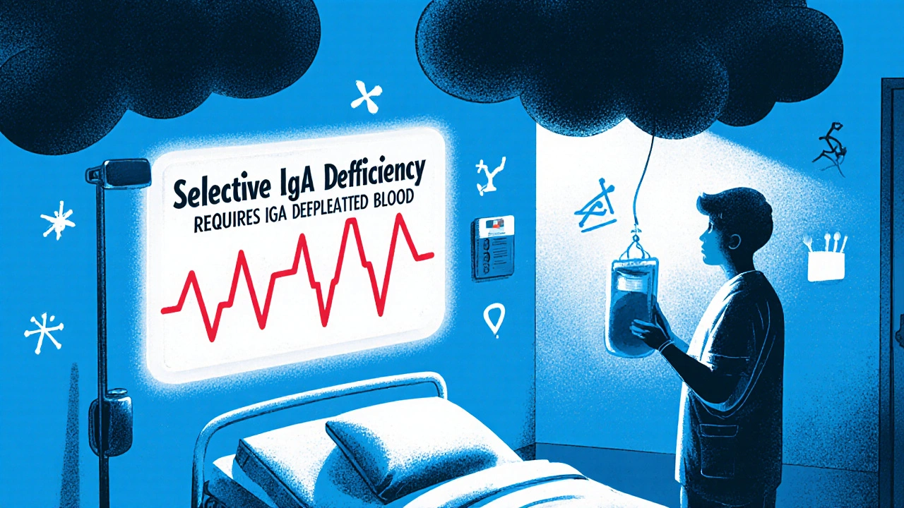 Doctor hesitating over blood bag in ER, medical warning card visible on wall.