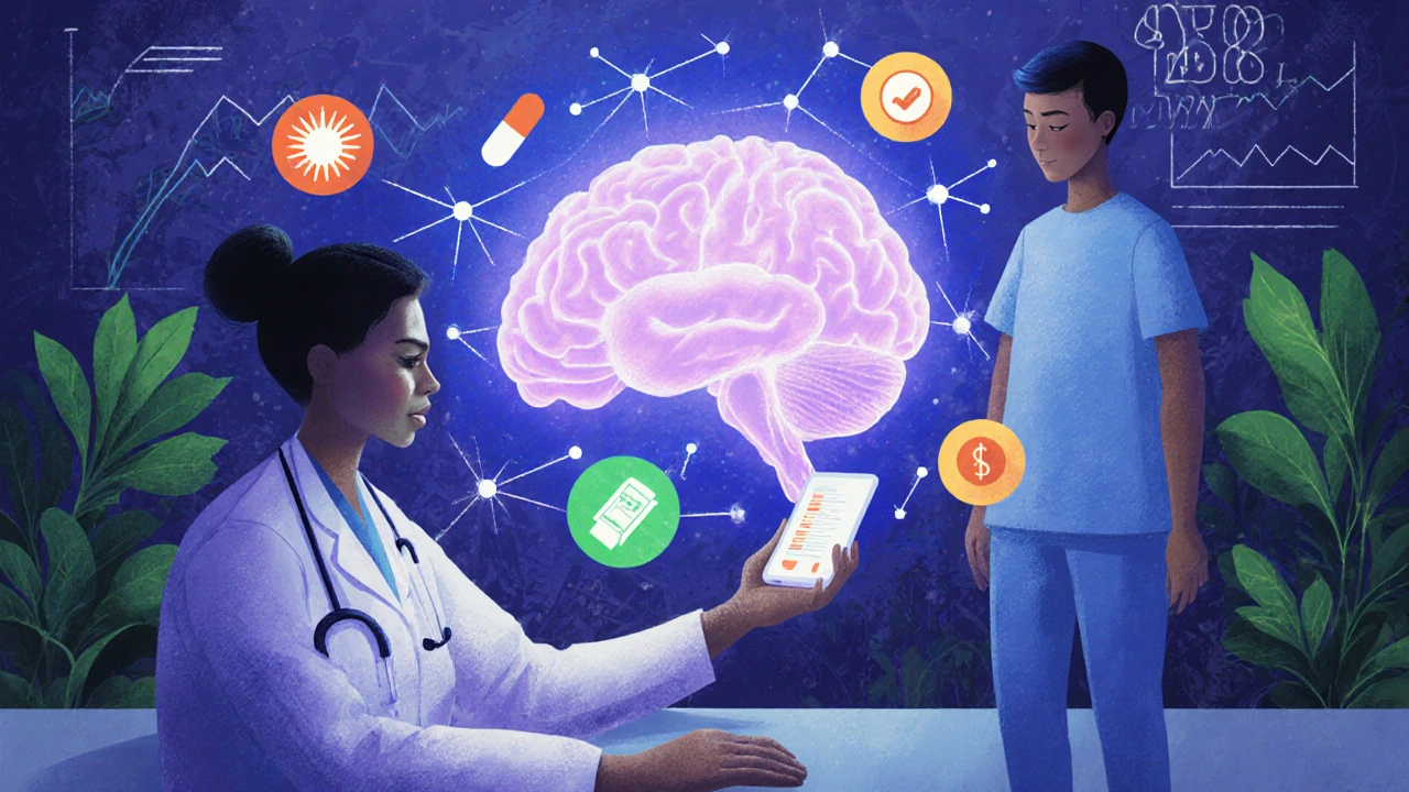 Doctor using a brain scan to match personalized non-opioid treatments for pain.