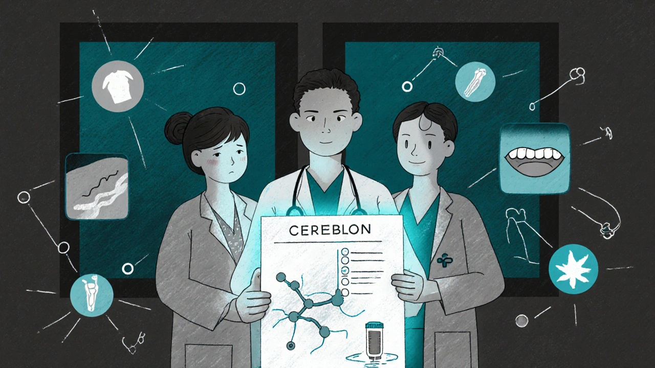 Doctors reviewing a chart showing pomalidomide&#039;s mechanism of action on immune cells.
