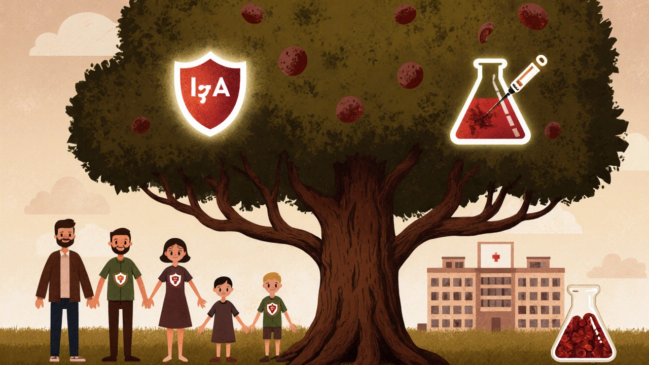 Family tree showing IgA deficiency passed through generations with medical symbols.
