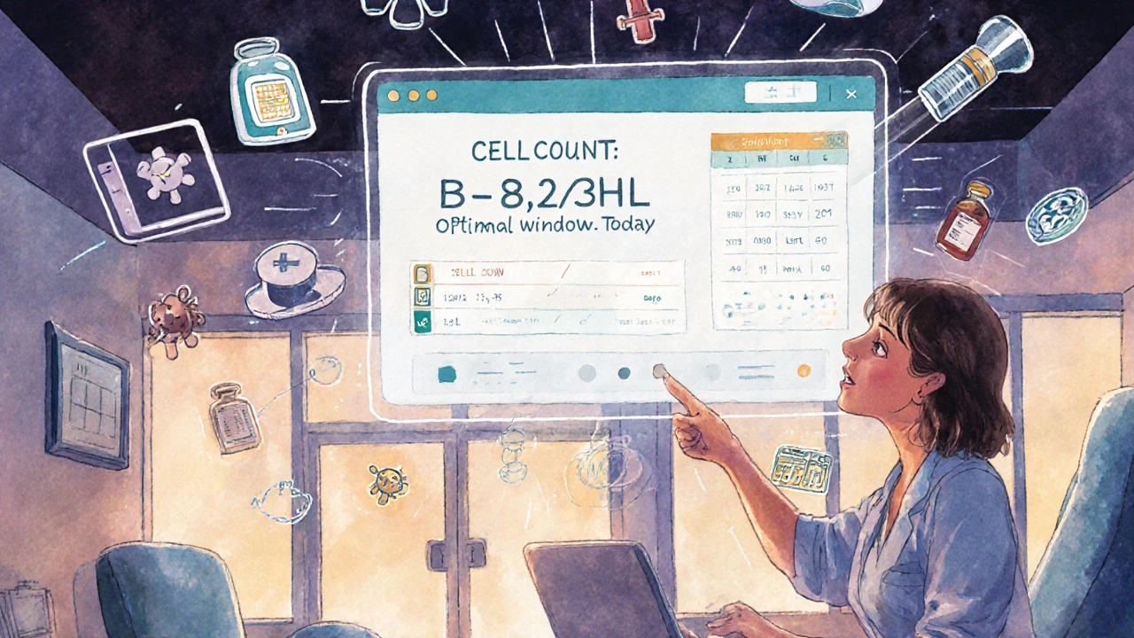 Futuristic digital vaccine timing calculator showing optimal vaccination window based on B-cell levels.