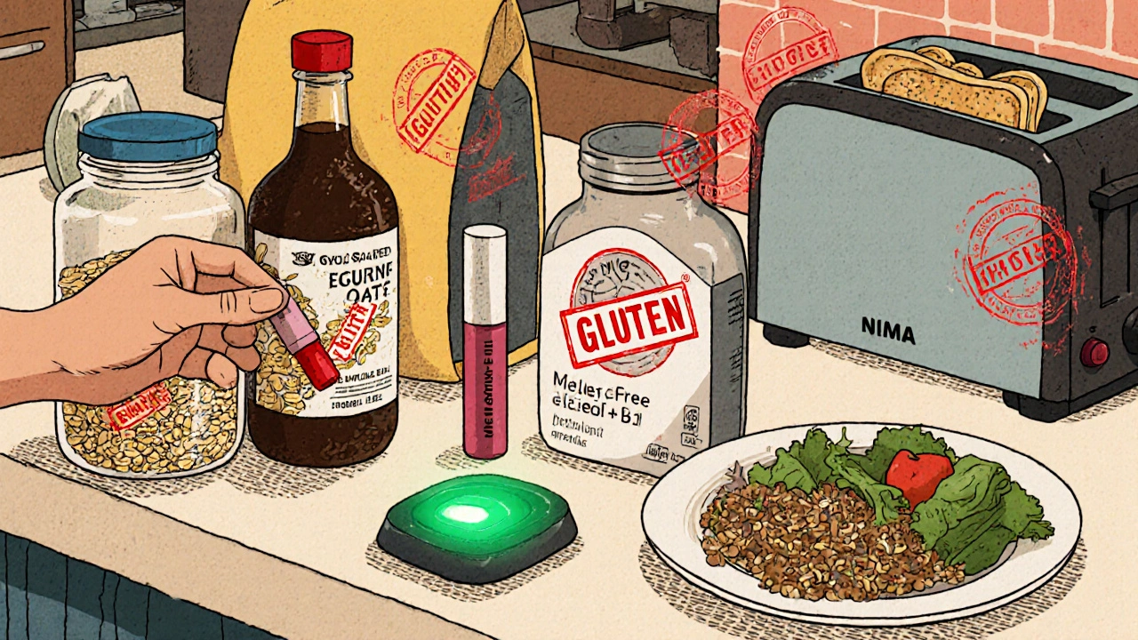 Kitchen scene showing gluten-containing foods with red stamps and certified gluten-free alternatives.