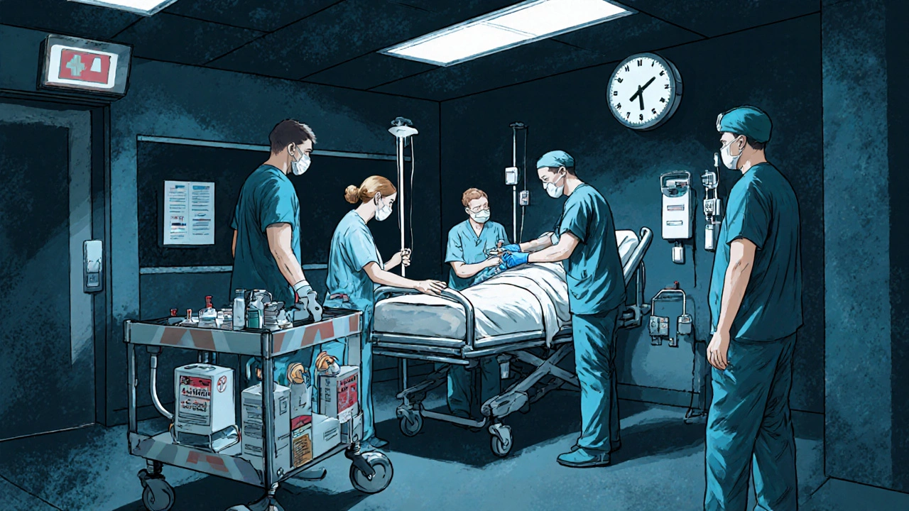 Medical team administering IV premedication to patient in emergency bay at night.