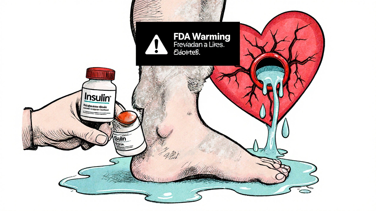 Patient with swollen ankles and fluid pooling, insulin and rosiglitazone pills in hand, heart leaking water.