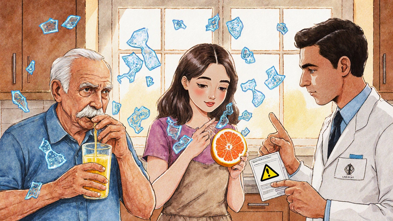 People in daily life surrounded by ghostly grapefruit shards disrupting their medication enzymes.