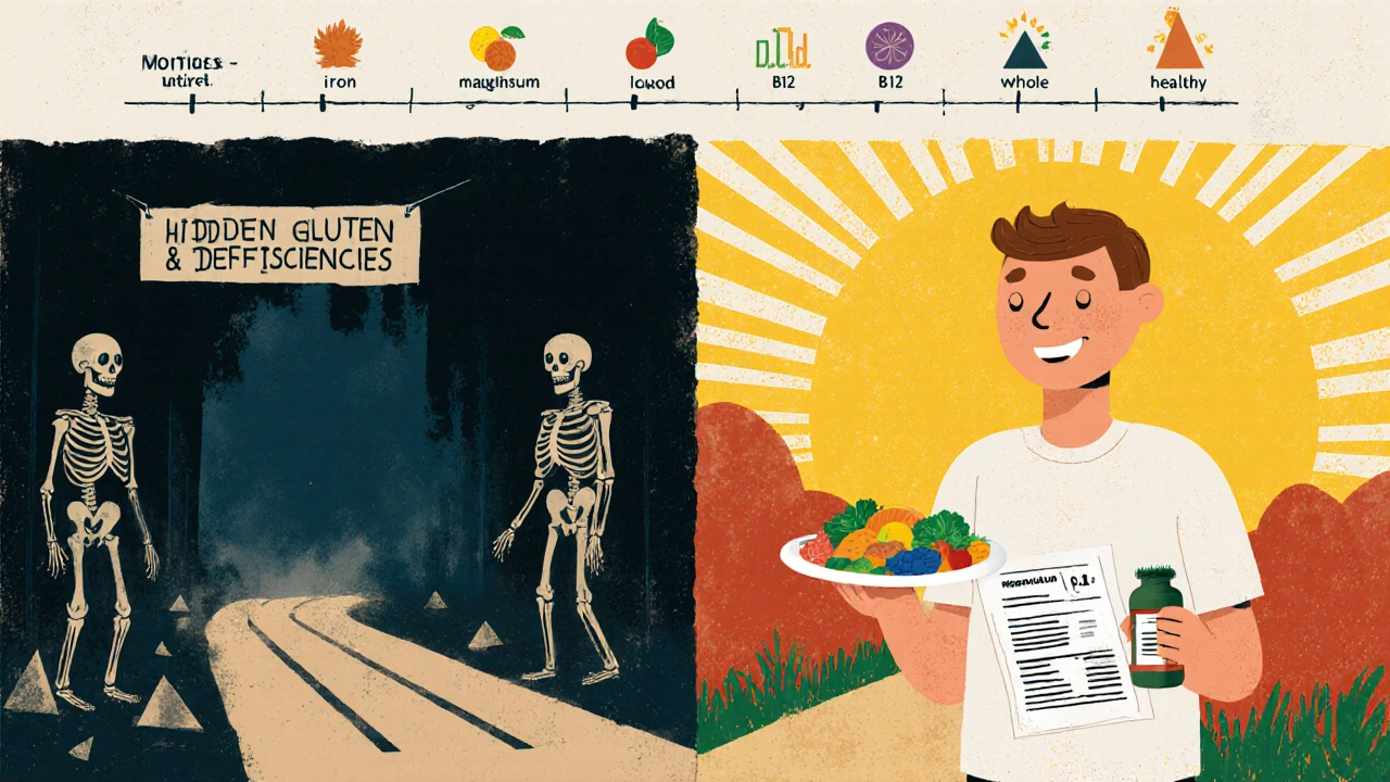 Person at a crossroads between illness and healing with nutrient symbols and healthy foods.