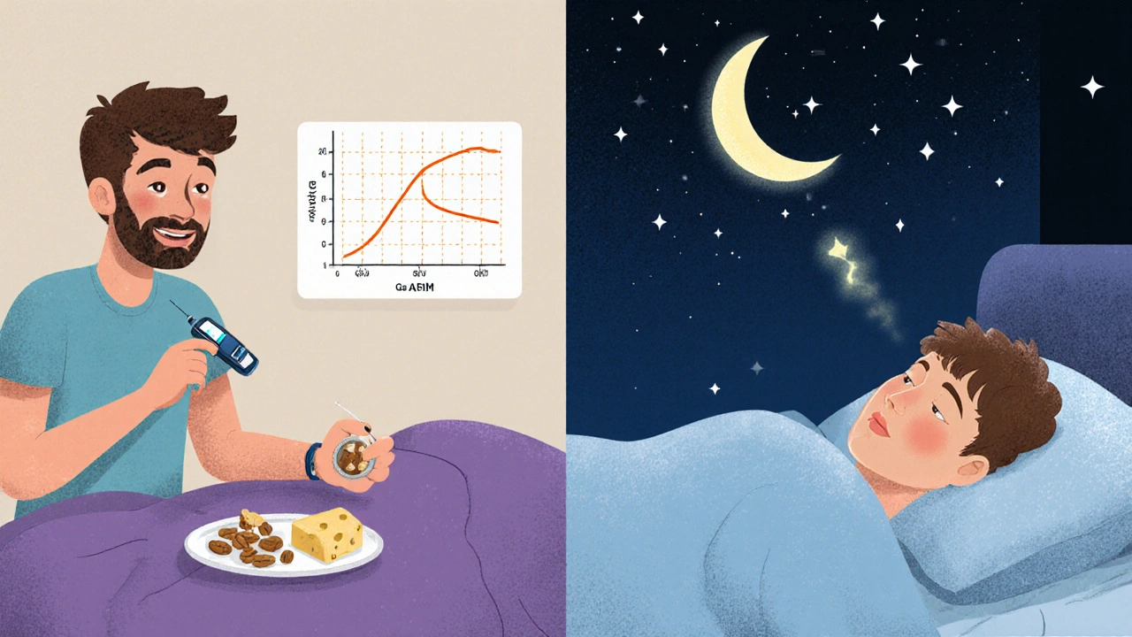 Person eating a bedtime snack while a CGM shows stable glucose levels, symbolizing prevention.