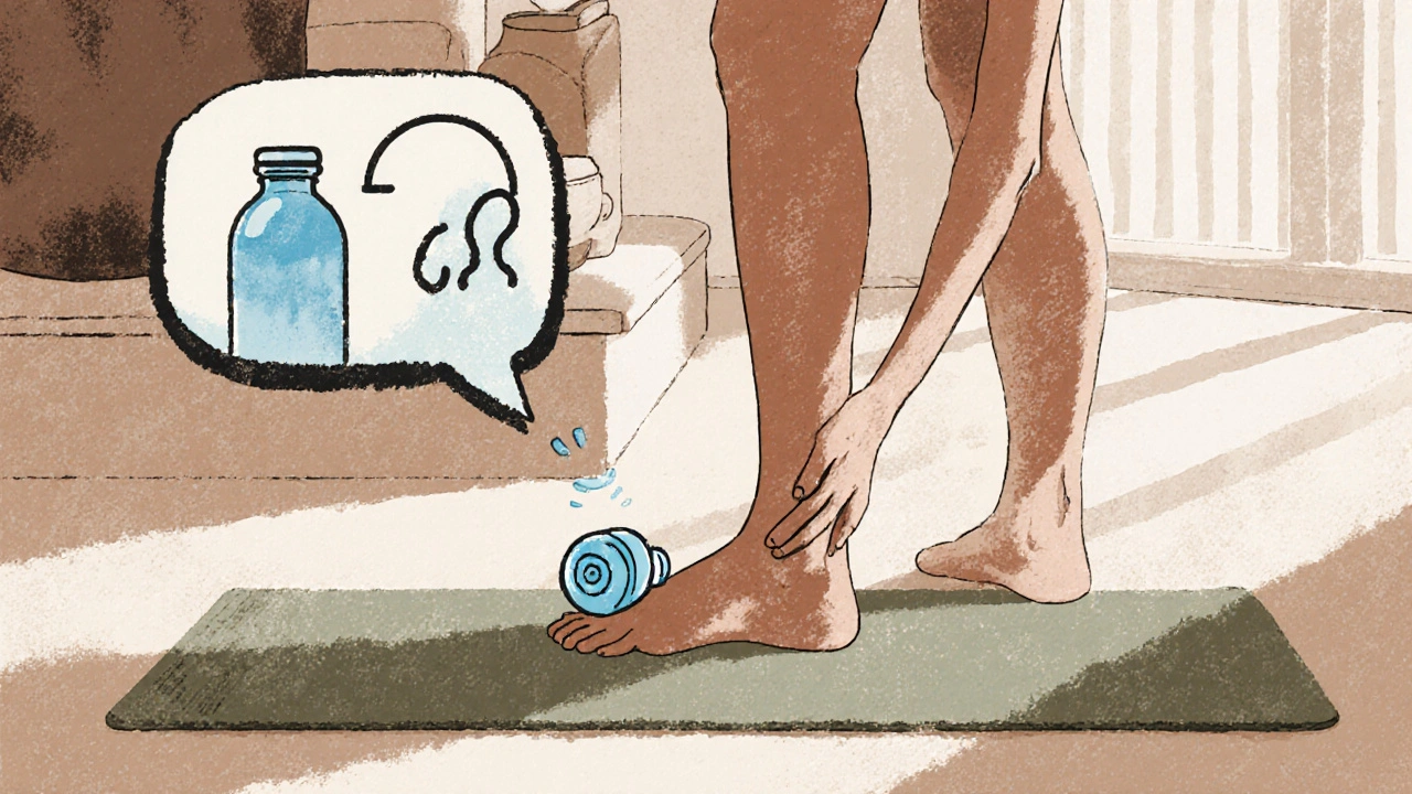 Person using a frozen water bottle to roll their Achilles tendon during recovery.