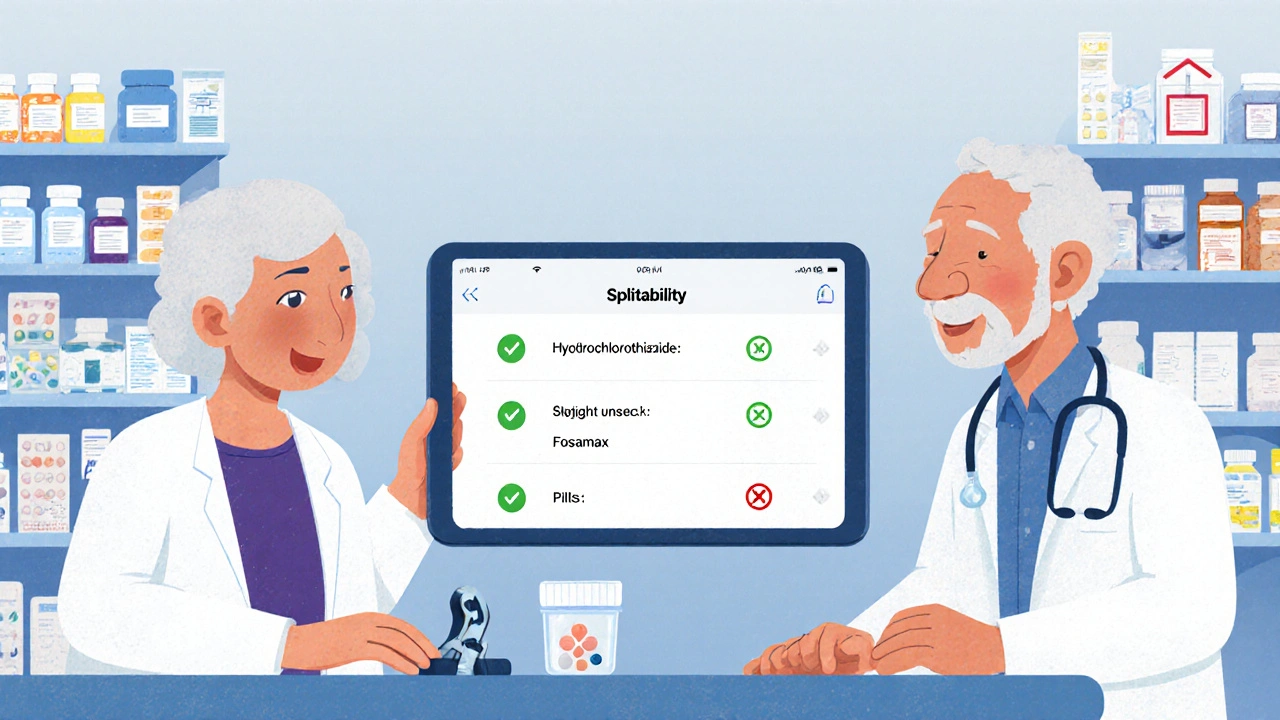 Pharmacist and patient reviewing a pill splitability app on a tablet at a pharmacy counter.