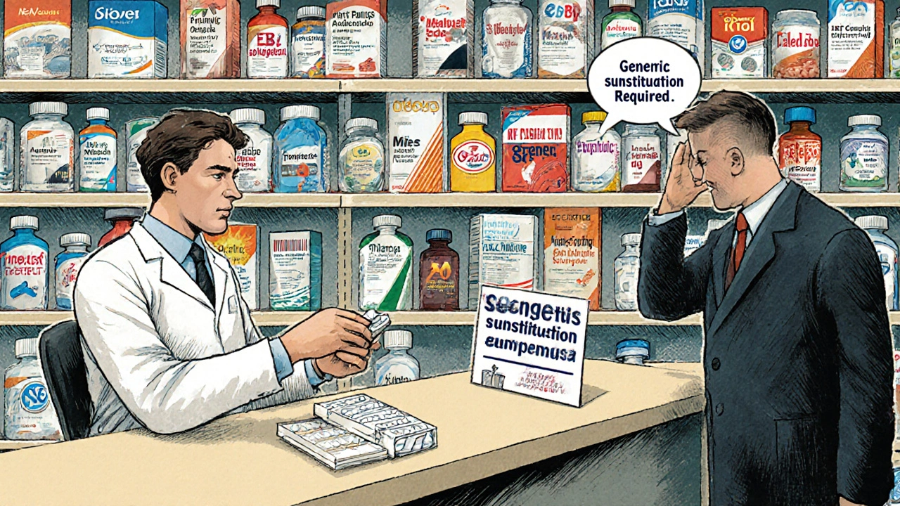 Pharmacist handing a generic pill to a customer, with multiple branded generic pills on the shelf behind.
