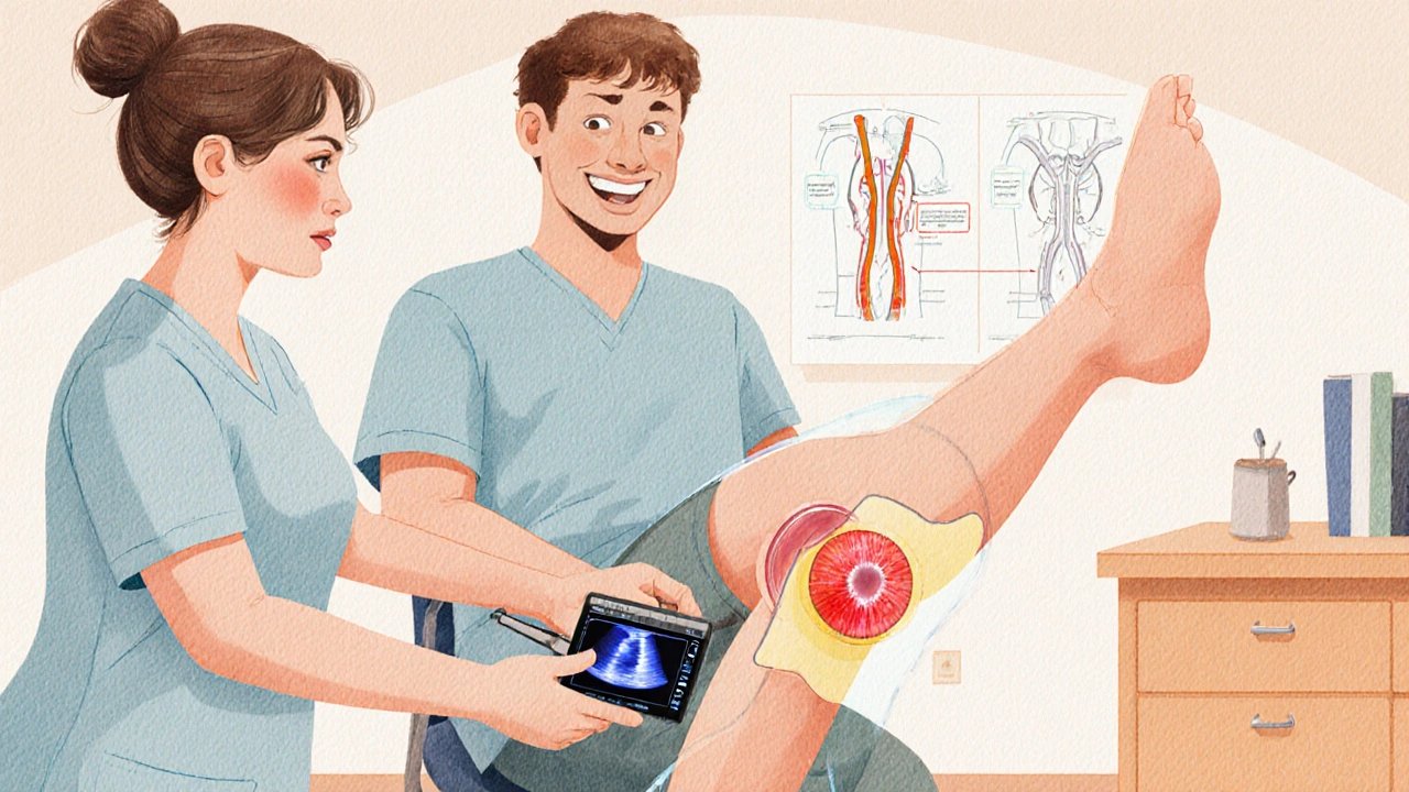 Physical therapist using ultrasound on a patient’s knee with gentle leg movement.