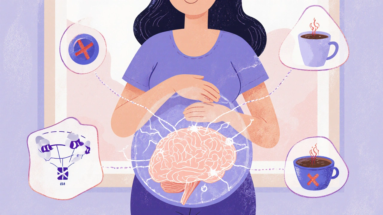 Pregnant woman with transparent embryo brain connected to a healthy thyroid, TSH scale dropping.