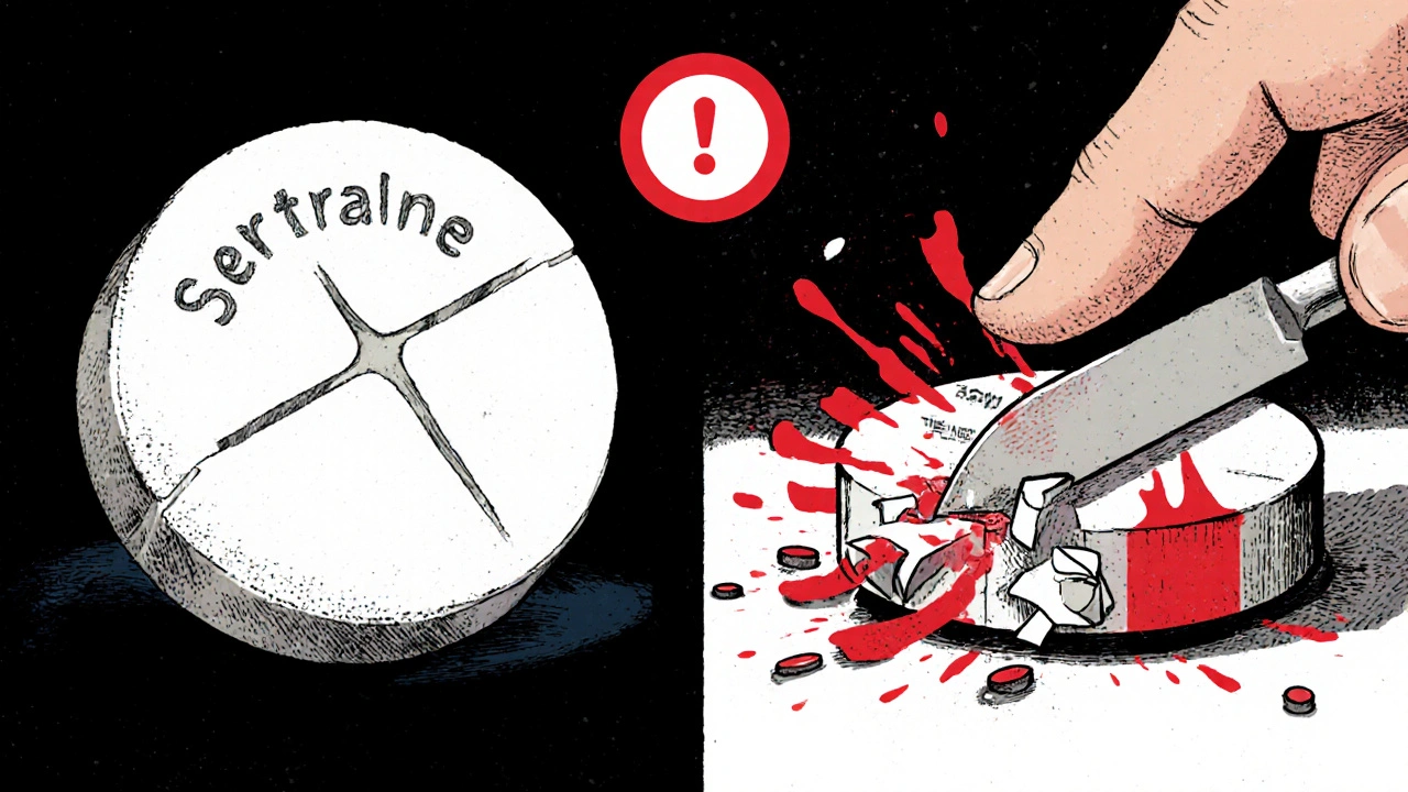 Side-by-side comparison of a safely split pill and a dangerously damaged extended-release pill with warning signs.
