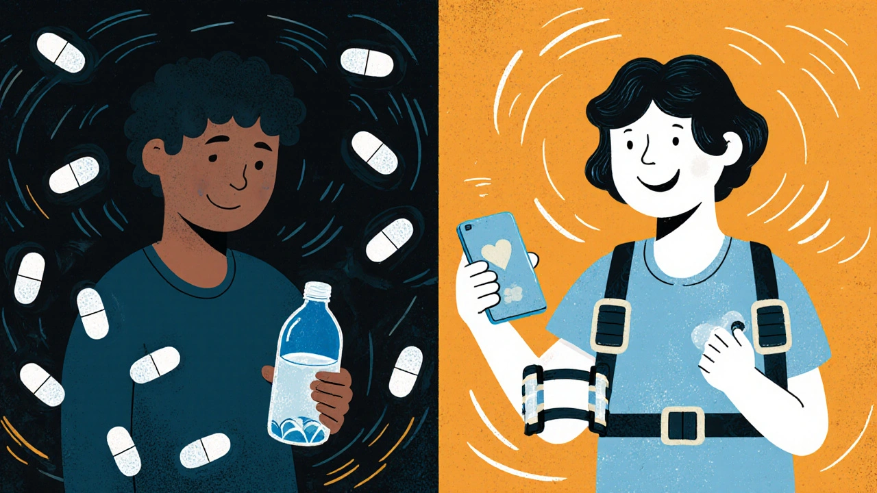 Split image: opioid pills with shadows vs. active, healthy pain management methods.