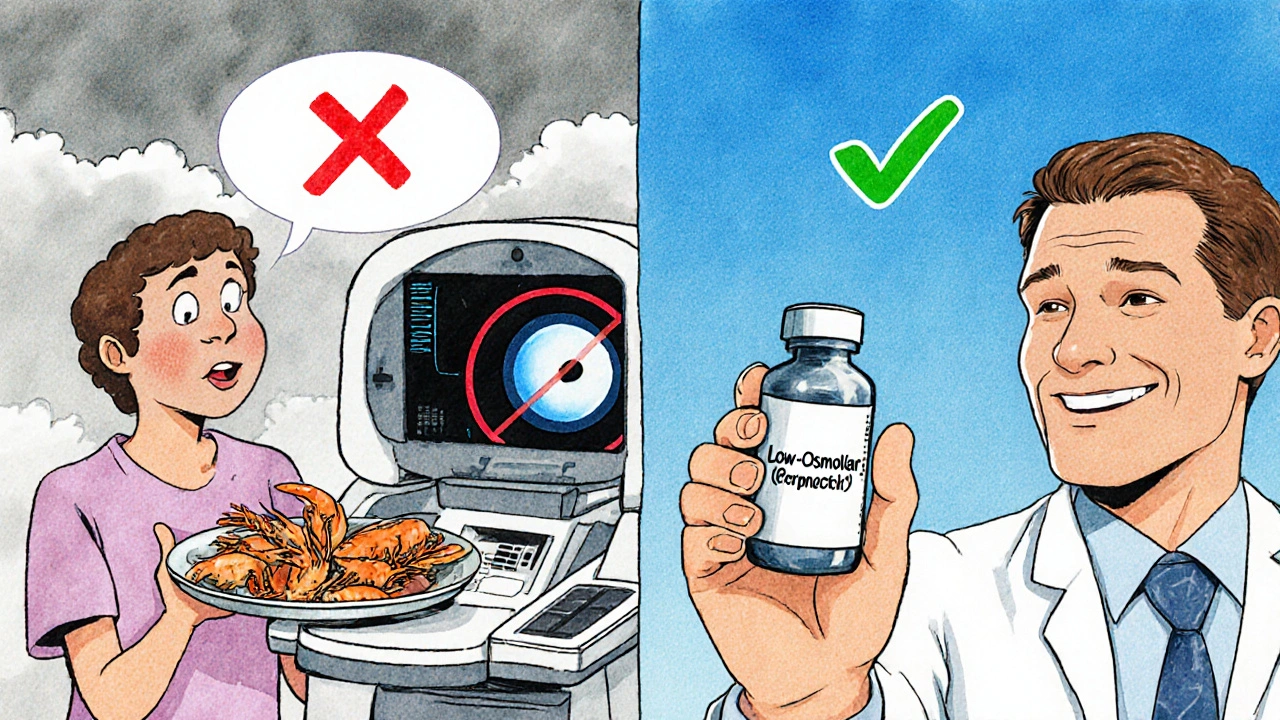 Split image showing no link between shellfish allergy and contrast dye, with safe alternative highlighted.
