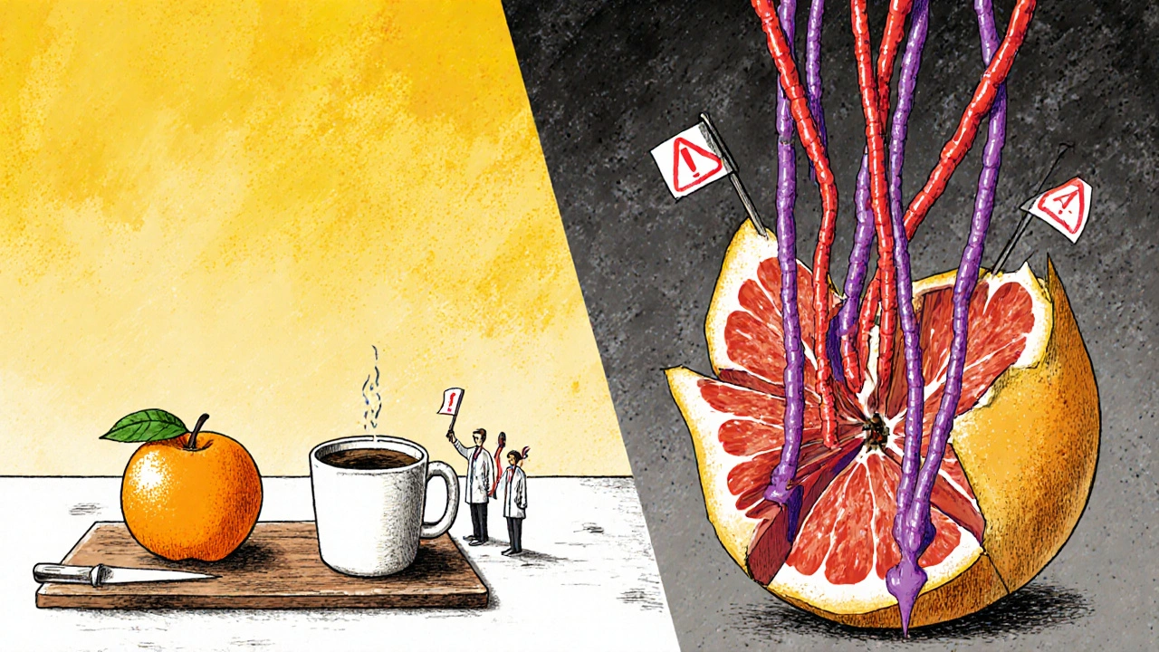 Split scene: safe fruits on one side, dangerous grapefruit releasing toxic chemicals into the gut on the other.