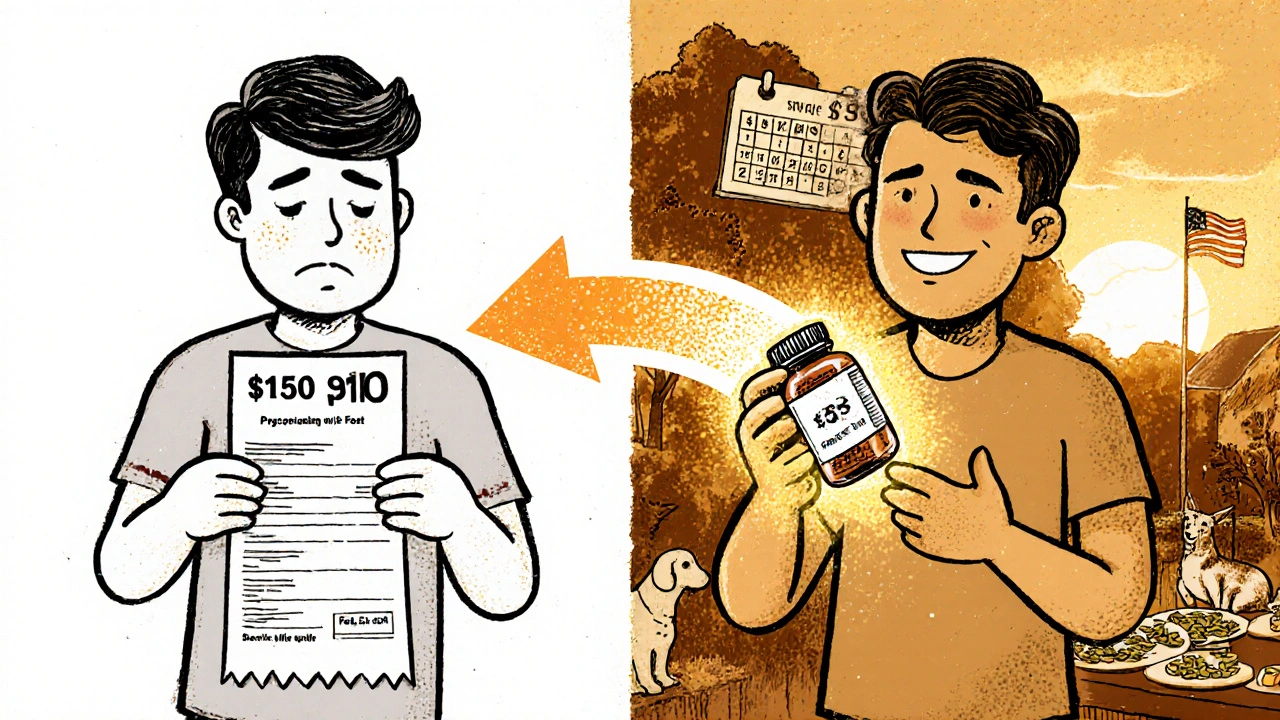Split scene showing cost savings from brand-name to generic medication with daily life improvements