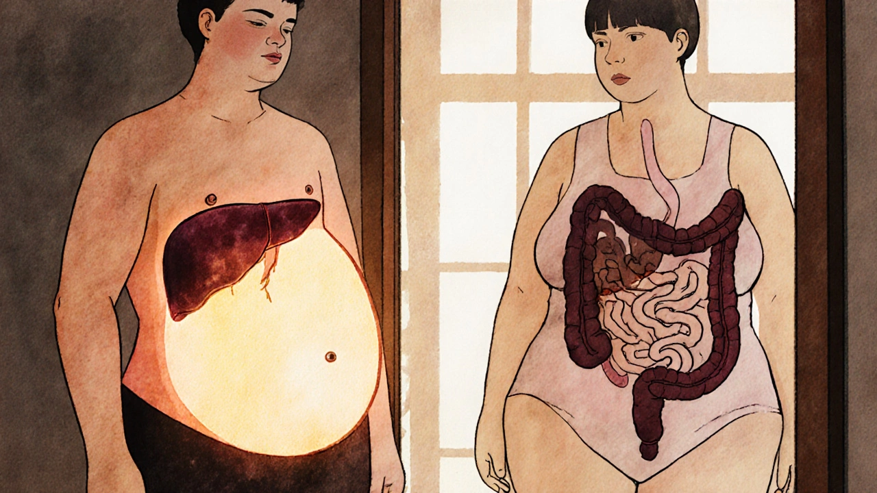 Two figures side by side: one thin outside but fat inside, the other overweight with a healthy waist, revealing hidden metabolic risks.