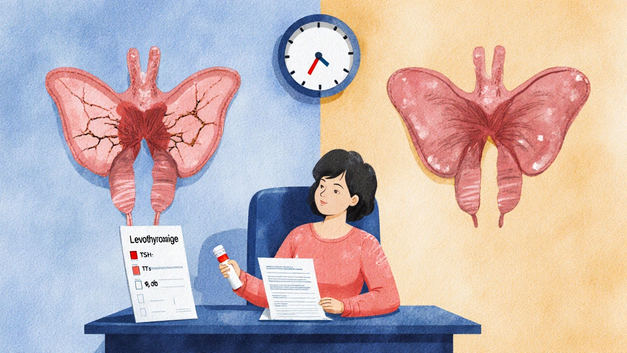 Woman reviewing a blood test with elevated TSH, contrasting healthy and damaged thyroid icons.