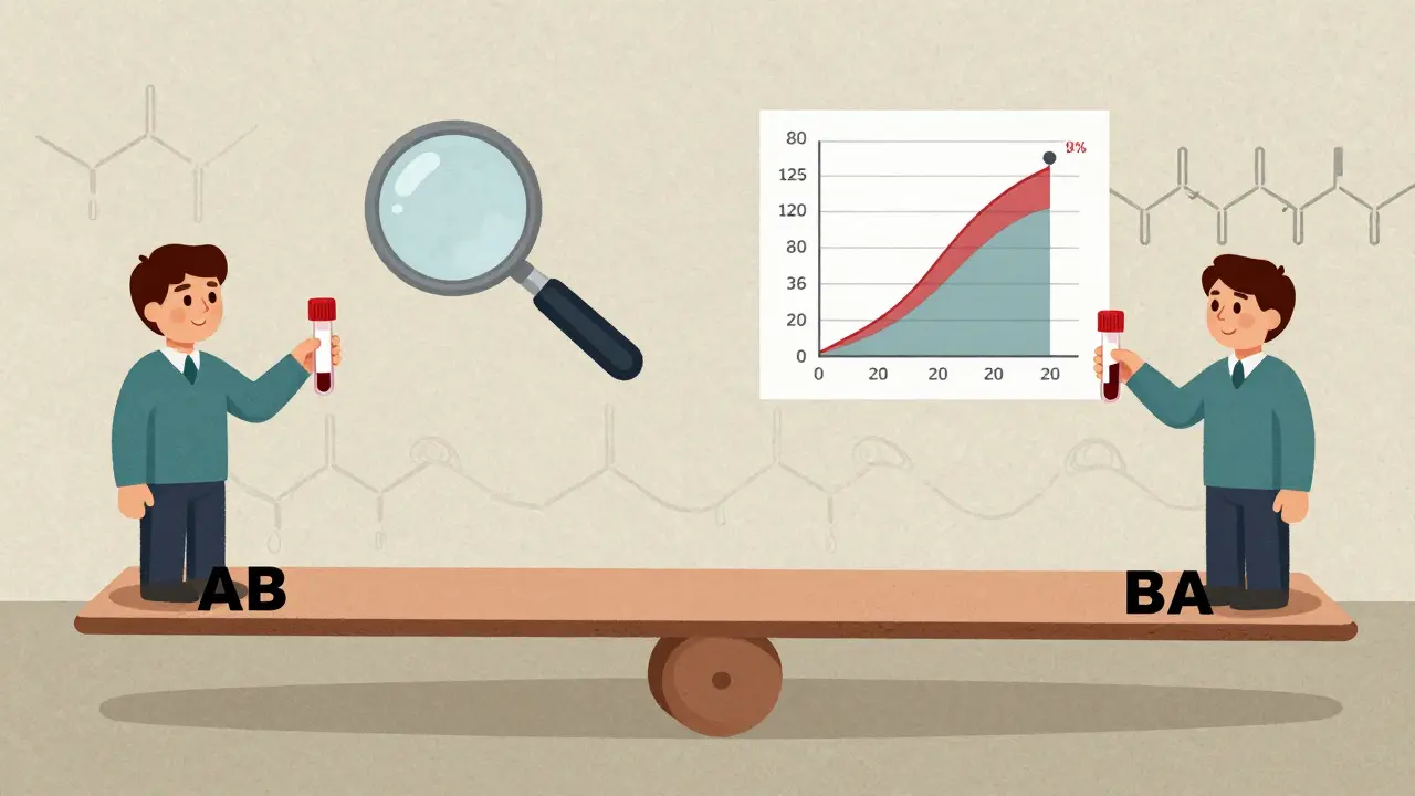 A balanced crossover design showing AB and BA treatment paths with pharmacokinetic data.
