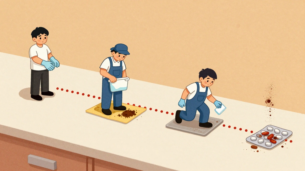 A chain of human errors causes contamination in drug manufacturing with visible dust and warning signs.