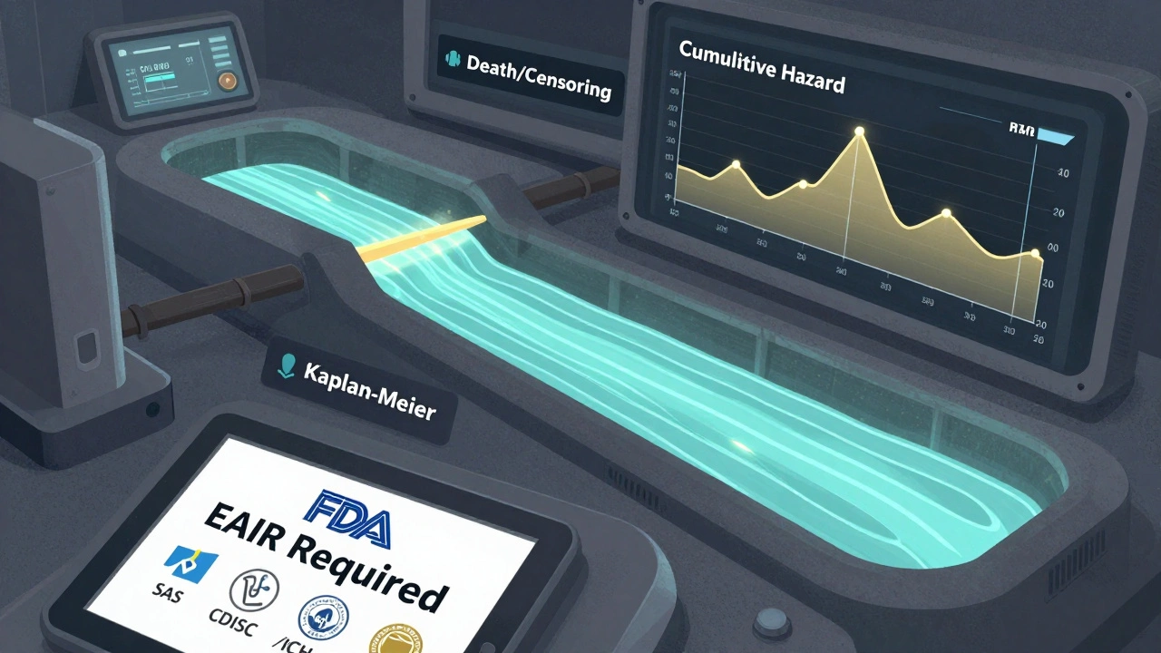 A clinical dashboard showing competing risks with flowing data rivers and FDA EAIR requirements.