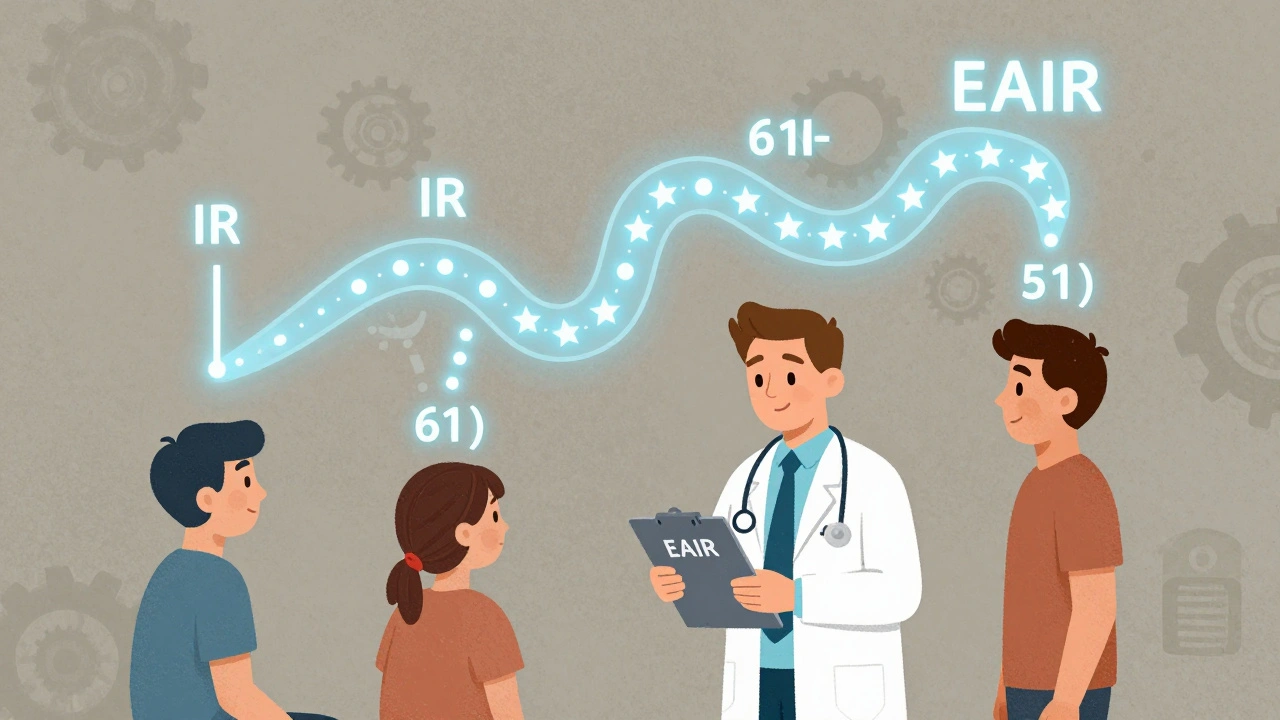 A doctor comparing two patients with different treatment durations, visualizing IR vs EAIR risk pathways.