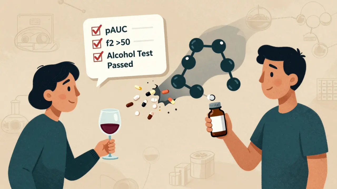 A patient drinking alcohol beside an extended-release pill, with a dangerous drug burst triggered by alcohol.
