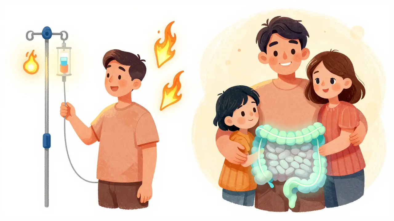 A patient receiving biologic therapy on one side, healed and hugging family on the other, showing transformation from illness to remission.