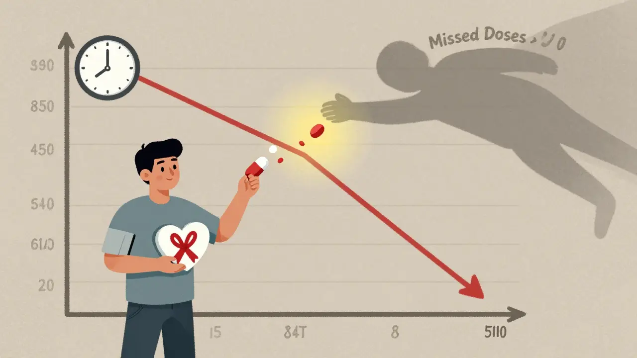 A person holding a heart-shaped pillbox as health metrics improve with consistent medication use.