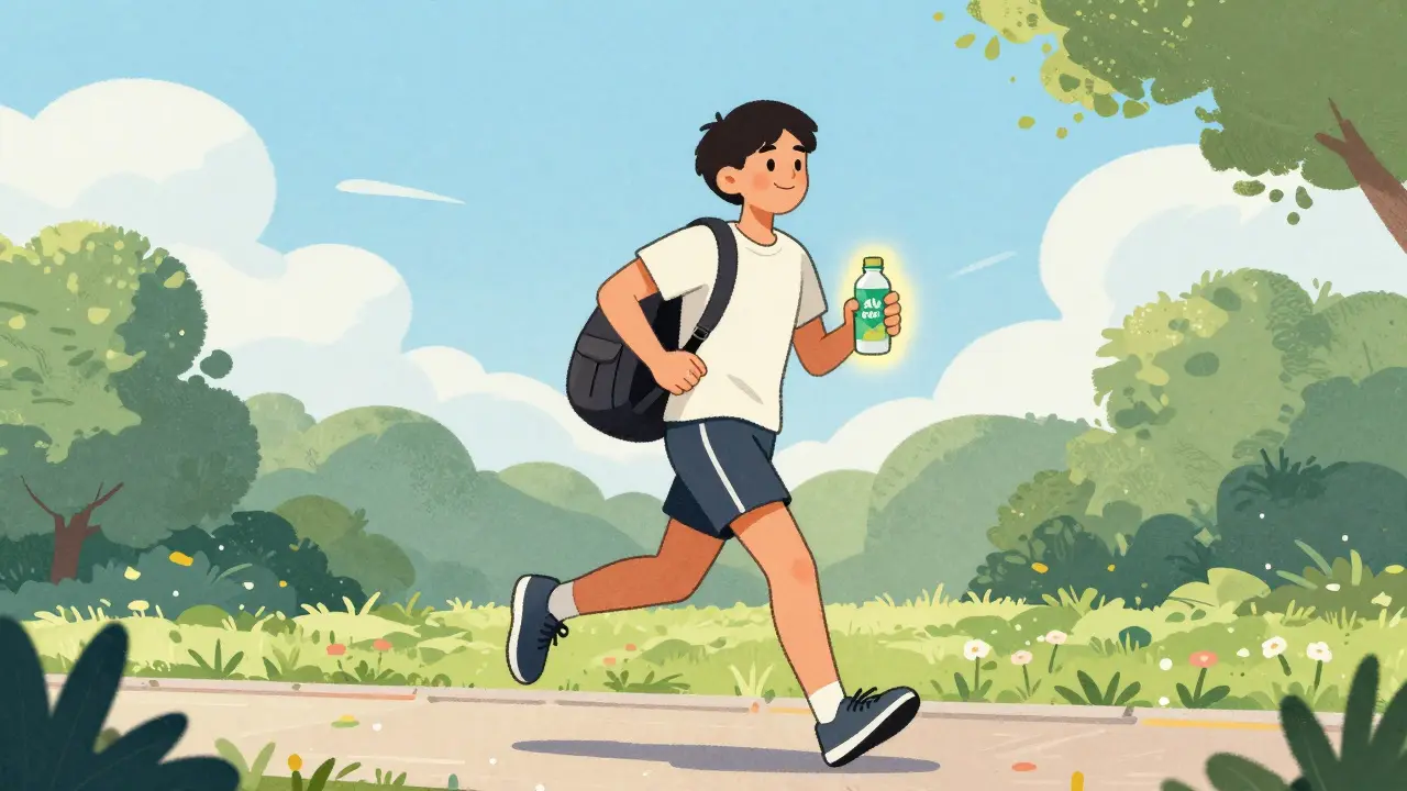 A person jogging happily in the park, holding fexofenadine, looking alert and energetic.