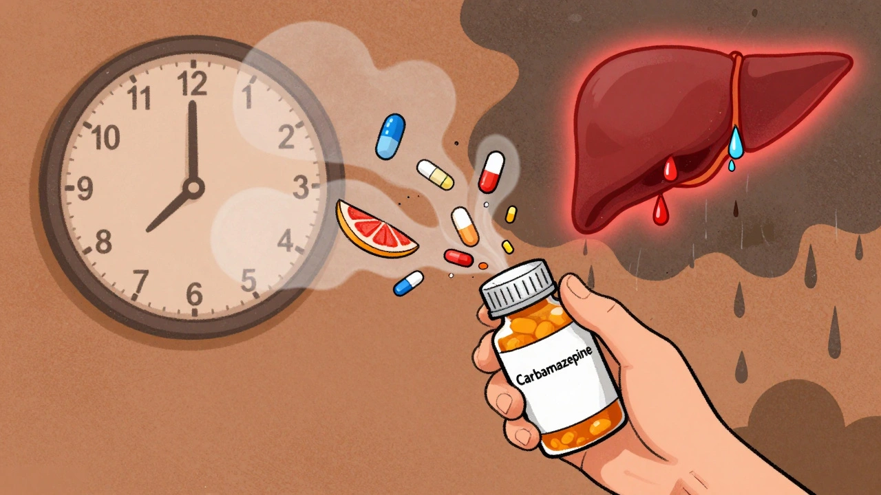 A person surrounded by dissolving pills and grapefruit, symbolizing carbamazepine metabolism issues.
