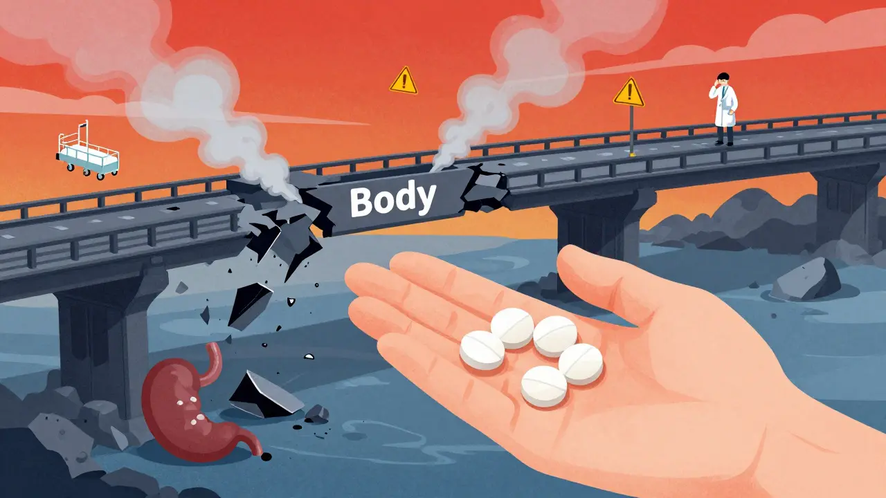 A person taking too many ibuprofen pills as a bridge labeled 'Body' collapses beneath them.