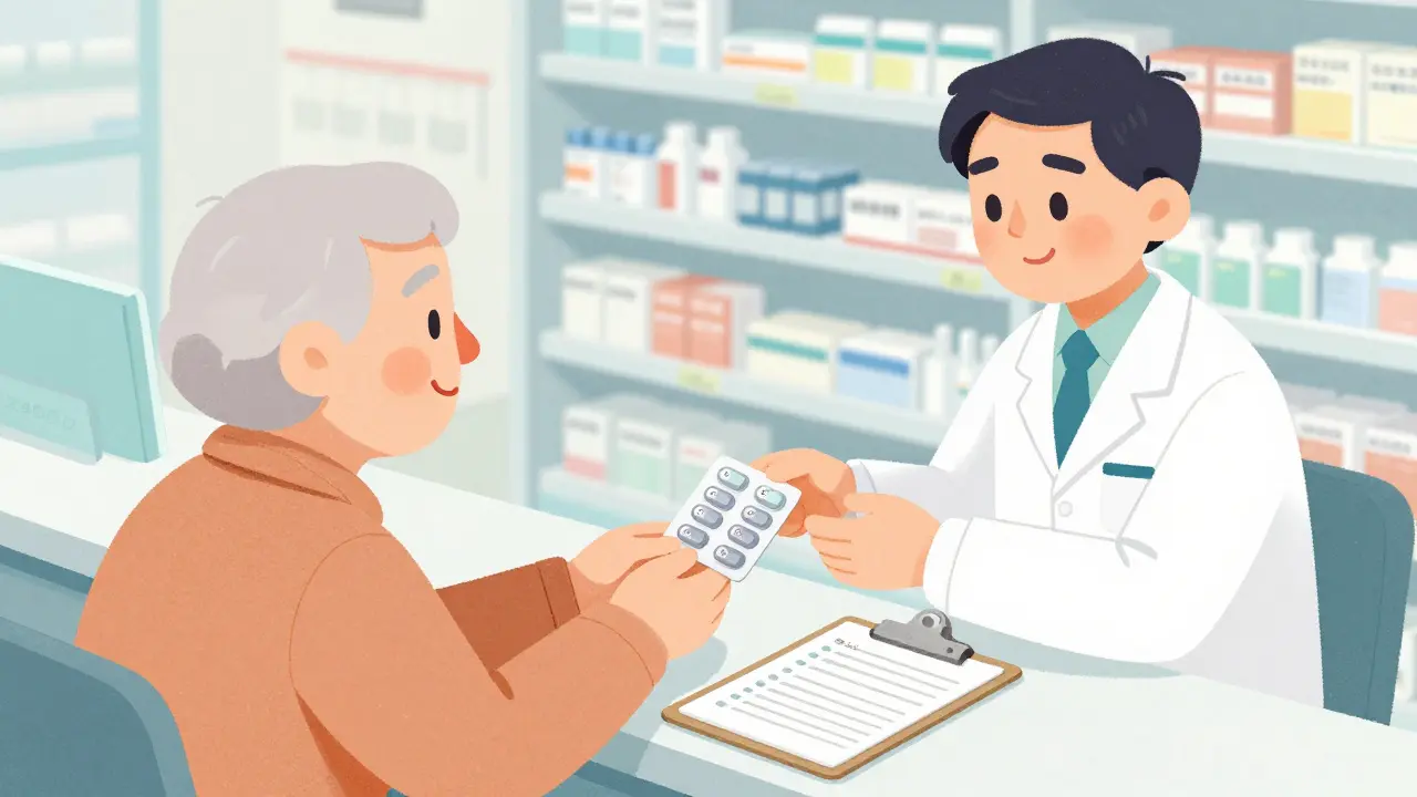 A pharmacist handing a pre-packed blister pack to a patient at the counter.