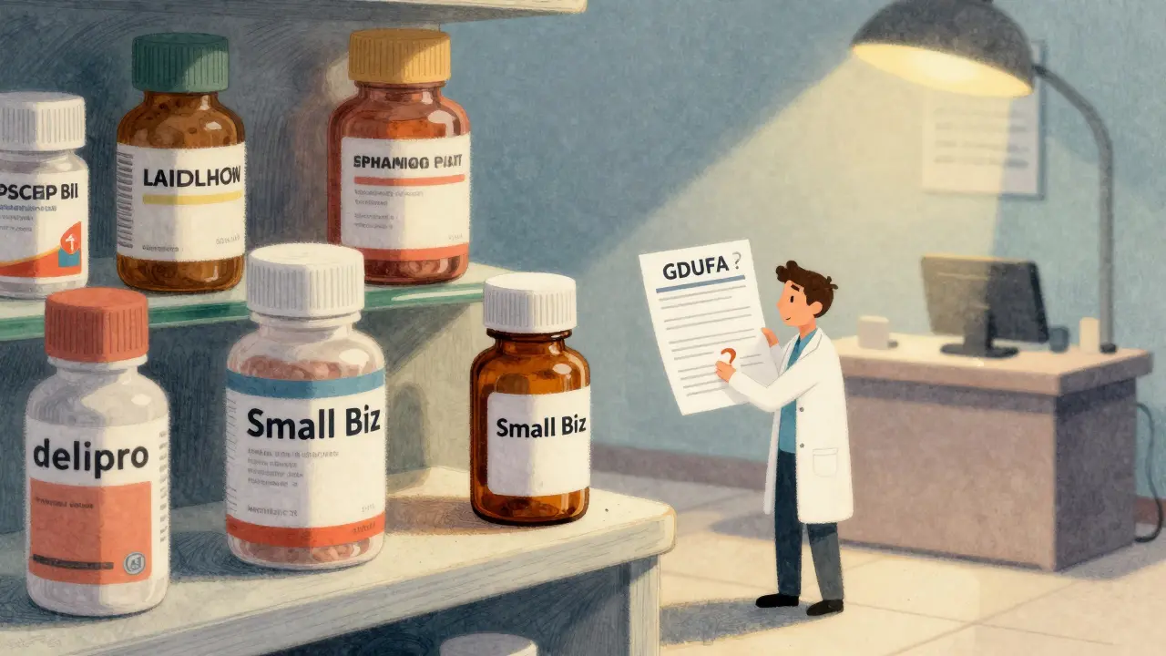 A small generic drug bottle on a shelf beside giant brand-name drugs, with a weary worker holding a fee form.