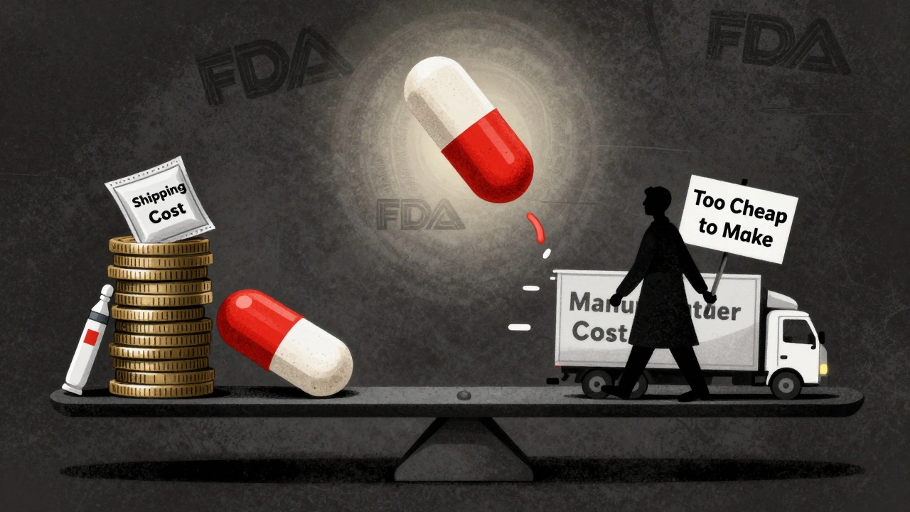 A tiny generic pill too cheap to produce, tipping a scale down as a manufacturer walks away.