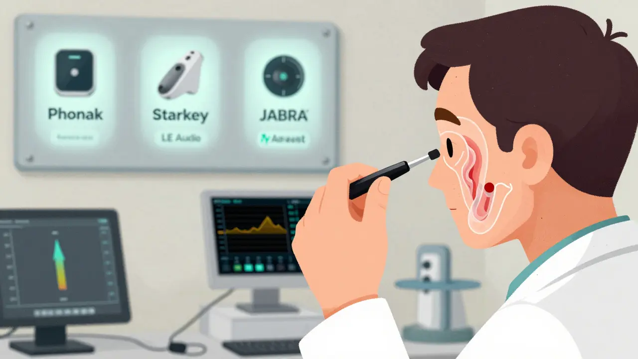 Audiologist performing real-ear measurements with visual sound frequency analysis.