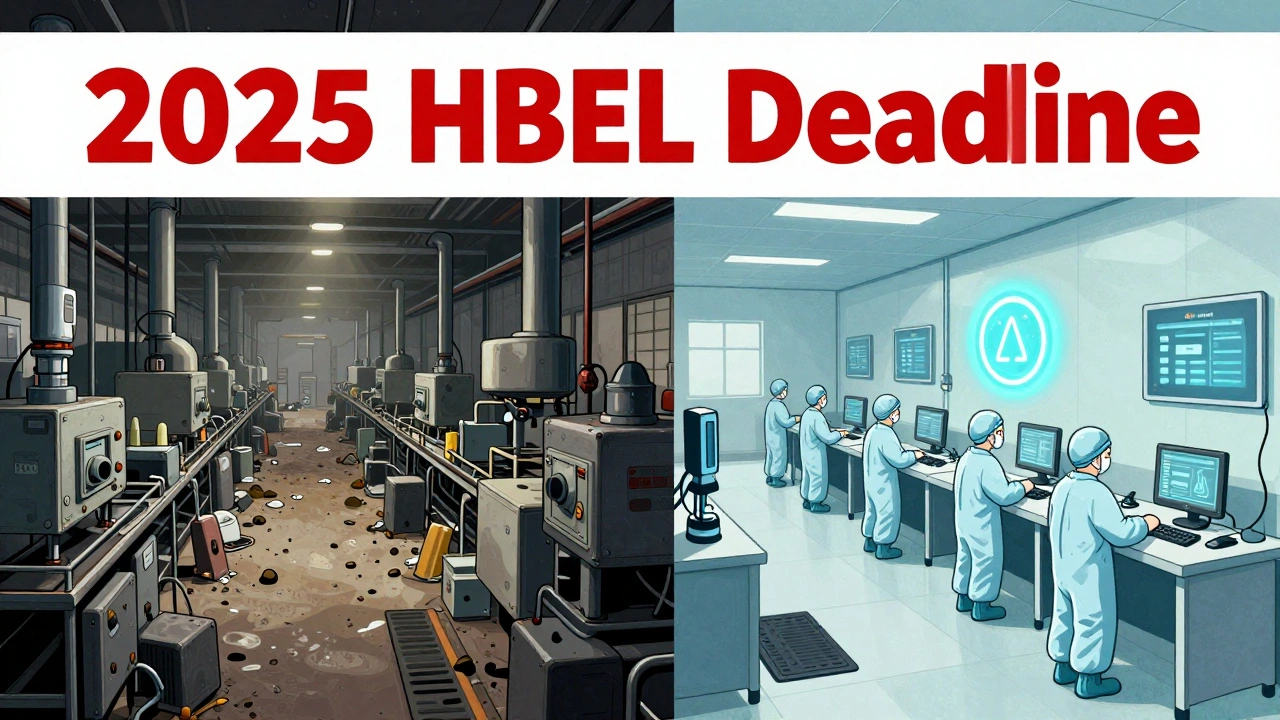 Before-and-after scene showing chaotic vs. controlled generic drug production with sensors and safety mats.