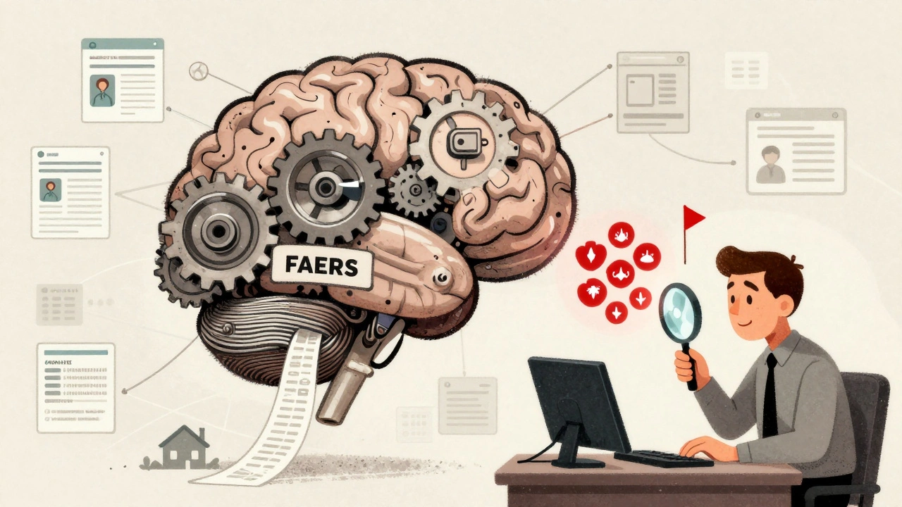 Digital brain database with flowing reports and an analyst spotting a red flag using a magnifying glass.
