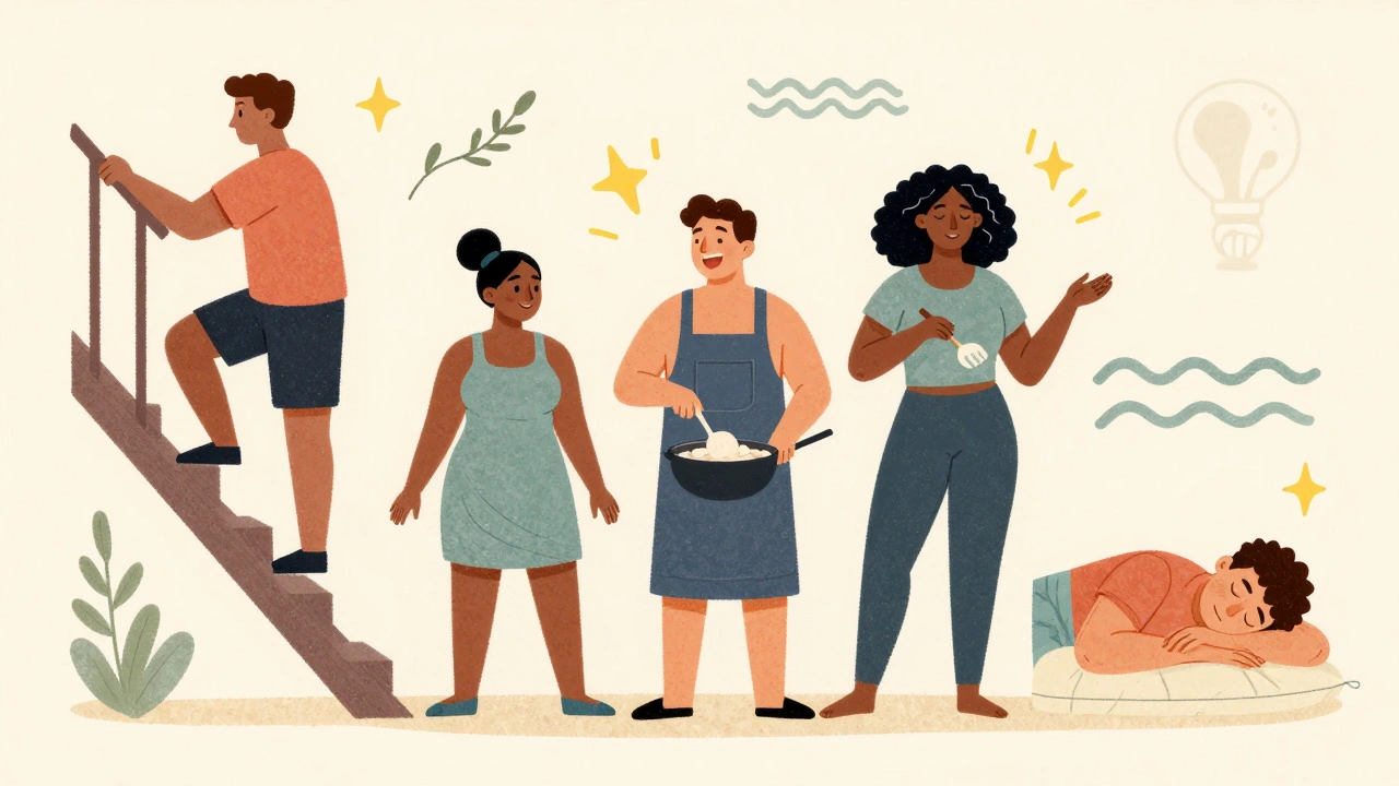 Diverse people enjoying daily health wins: climbing stairs, cooking, sleeping peacefully.