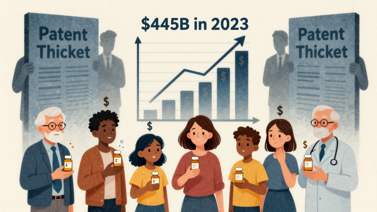 Diverse people saving money with generic pills, forming a 5B savings graph against patent walls.