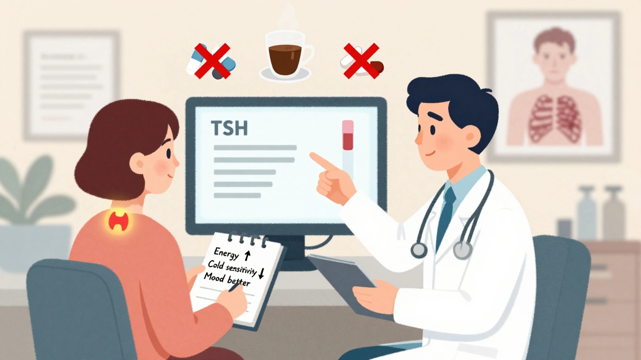 Doctor and patient reviewing TSH result, interference symbols marked with X, thyroid healing visually